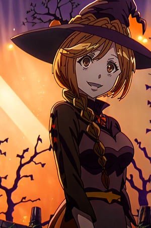 ((Halloween harvest)), ((surrounded by death tree, Enri Emmot, beutiful woman, 1girl, solo, smile, score_9, score_8_up, score_7_up, source_anime, best quality, masterpiece, enri emmot, overlord, brown eyes, blonde hair, facing viewer, beautiful lighting, side plait, plaited hair, smile, outdoors, field, orange sky, orange witch dress, very aesthetic, anime screencap, (Halloween party:1.4), (Halloween decoration:1.4),