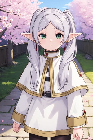 frieren, pikkyfrieren, long hair, twintails, (green eyes), (grey hair), pointy ears, elf, shirt, long sleeves, jewelry, pantyhose, earrings, black pantyhose, capelet, white striped shirt, outdoors, (sky:1.1), nature, solo, walking, (stone road), (upper body), looking at viewer, (masterpiece:1.2), best quality, high resolution, unity 8k wallpaper, (illustration:0.8), (beautiful detailed eyes), extremely detailed face, perfect lighting, extremely detailed CG, (perfect hands, perfect anatomy), cherry blossoms, falling petals