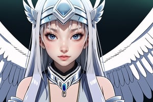 1angel, solo, defiant face, pastel colors, high detail, huoshen, TheLastOfUs, mgln,Noint, extremely long hair, silver hair, straight hair, light blue eyes, large white wing, feather Wings, hair ornament, silver hair band, off-shoulder, serious face, hand armors, silver neck armor,