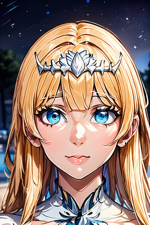 {{best quality}}, {{masterpiece}}, {{ultra-detailed}}, {illustration}, {detailed light}, {an extremely delicate and beautiful}, a girl, {beautiful detailed eyes}, stars in the eyes, depth of field, 1girl, solo, Calca, Calca Bessarez, blonde hair, (extremely long hair:1.3), very long hair, white tiara, white dress, blue eyes, medium chest,extremely long hair