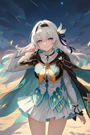 best quality, masterpiece, highres, ,firefly \(honkai: star rail\), 1girl, solo, long hair, smile, blue eyes, closed mouth, looking at viewer, outdoors, bangs, long sleeves, hair ornament, hairband, hair between eyes, cloudy sky, turquoise cape, blue sky, star \(sky\), night sky, white hair, upper body, white shirt, railing, viewed from front , white skirt, revealing thighs, leaning_forward , standing far away