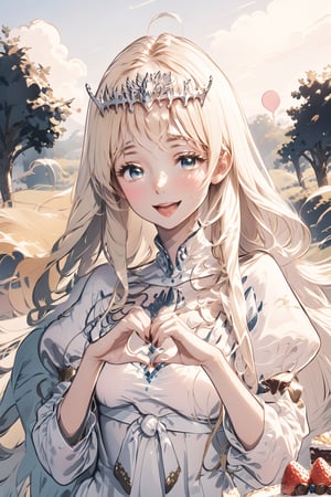  looking at the viewer, blush, smile, open mouth, bangs,  , upper body, :d,, food, fruit, cake, chocolate, strawberry, , heart hands, 1girl, solo, Calca, Calca Bessarez, blonde hair, (extremely long hair:1.3), very long hair, white tiara, white dress, blue eyes, medium chest, slim body