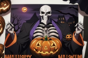 , intricate design, Halloween costume, (haunted house, Halloween decorate  , death tree), High quality, , (Beautiful), ((masterpiece)), vibrant colors, skeleton, solo, 1boy, male focus, bone, ribs, full body, orange orb, raising your hand with a pumpkin, tall body,  (Halloween party:1.4), (Halloween decoration:1.4), pumpkin, bat, death tree, grave yard, outdoor, Horror atmosphere, Halloween poster