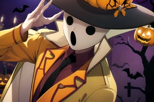 (masterpiece), (best quality), 8k illustration, , 
, 1male, solo, , Neutral mask, face man, four fingers, dark eyes, orange hat, orange trench coat, orange German soldier uniform, black necktie, orrange boots, pandora's actor, open mouth, black mouth, Pandora's Actor, salute pose,  (Halloween party:1.4), (Halloween decoration:1.4), pumpkin, bat, death tree, grave yard, outdoor, Horror atmosphere,, masterpiece, best quality, outdoor, graveyard, tomb, night time, full of ghost, surrounded by ghost, close up