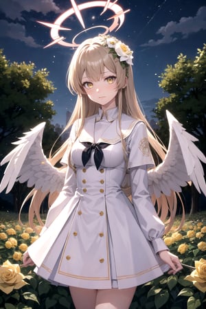 //Quality,
masterpiece, best quality
,//Character,
1girl, solo
,//Fashion,
,//Background,
night, Rose garden
,//Others,
 yellow roses, 1girl, light brown hair, white dress,nagisadef, halo, medium breast, very long hair, yellow eyes, two angel wings