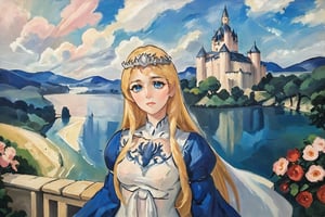 (mature female), (relax), (blush), solo, 1girl,

Detailed face, ultra-detailed, bright skin, high-quality skin texture rendering, masterpiece, (highest quality),  8k, (anime)

medieval age castle background,  1girl, solo, Calca, Calca Bessarez, blonde hair, (extremely long hair:1.3), very long hair, white tiara, white dress, blue eyes, medium chest, expressionist painting, 