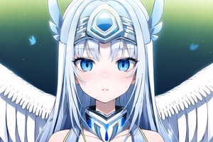 intense and bright colors, light blue eyes, butterfly details,anime,Noint, 1girl, solo, extremely long hair, silver hair, straight hair, light blue eyes, large white wing, feather Wings, hair ornament, silver hair band, off-shoulder, serious face, hand armors, silver neck armor,