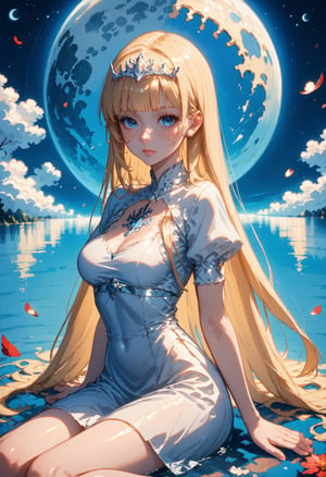 score_9, score_8_up, score_7_up, score_anime, 1woman, moon background, reflective ground, abstract, sitting, from the side, shiny skin, blush, beautiful face, water magicl looking at viewer, Calca,Calca Bessarez,1girl,blonde hair,(extremely long hair:1.3),white tiara,white dress,blue eyes,medium chest,blunt bangs