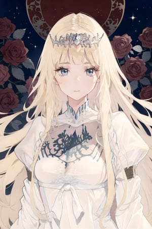 masterpiece, best quality, aesthetic,,art nouveau,Long hair,rose,stenciled rose,Red tones,  1girl, solo, Calca, Calca Bessarez, blonde hair, (extremely long hair:1.3), very long hair, white tiara, white dress, blue eyes, medium breast, extremely long hair, close up, upper body