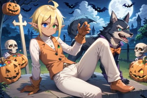 score_9,score_8_up,score_7_up,source_anime,BREAK,Aura Bella Fiora \(overlord\),short hair, blonde hair, hair between eyes, blue eyes, green eyes, heterochromia, pointy ears, dark skin, elf, ahoge, Halloween shirt, long sleeves, Halloween gloves, , white vest, white pants, orange footwear, 1girl, (Halloween party:1.4), (Halloween decoration:1.4), grave yard, night time, skeleton around, Haunted house, Ghostly fog, (black wolf:1.4), playing with the wolf