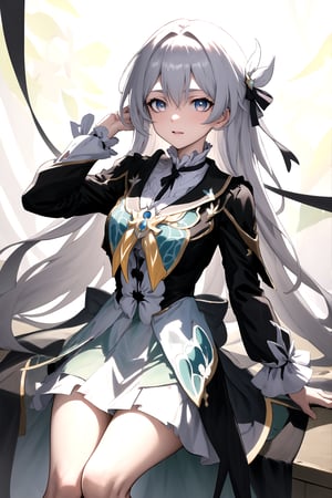 victorian dress,firefly \(honkai: star rail\), silver hair, black headband, gradient eyes, black headband