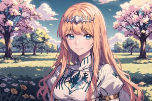 1girl, solo, looking at viewer, smile, ,, sitting, very long hair, closed mouth, , flower, , outdoors, sky, day,, cloud, , , , tree, blue sky, , nature, , yellow flower, Calca, Calca Bessarez, blonde hair, (extremely long hair:1.3), very long hair, white tiara, white dress, blue eyes, medium chest,1 girl,portrait,glitter,Chromaspots,lofi artstyle,tshee00d,vector style