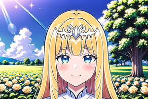 1girl, solo, looking at viewer, smile, ,, sitting, very long hair, closed mouth, , flower, , outdoors, sky, day,, cloud, , , , tree, blue sky, , nature, , yellow flower, Calca, Calca Bessarez, blonde hair, (extremely long hair:1.3), very long hair, white tiara, white dress, blue eyes, medium chest,1 girl,portrait,glitter,Chromaspots