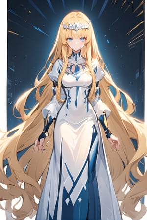 [[[1girl:1.2]]], [[light blue eyes:0.5]], blue color ,Light  outline, yellow, calca, blonde hair, , extremely long hair, very long hair, extra long hair, white tiara, white dress, blue eyes,Calca Bessarez, medium breast,Calca