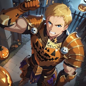 Climb, score_9, score_8_up, score_7_up,, masterpiece, best quality, best aesthetic, 1boy, ((solo)), male focus, blonde hair, blue eyes, short-hair, Halloween armor, orange gauntlets, pumpkins shoulder armor, Spooky breastplate, orange armored boots, d, clenched fists, arm up, outdoors,  from above,  (Halloween party:1.4), (Halloween decoration:1.4),