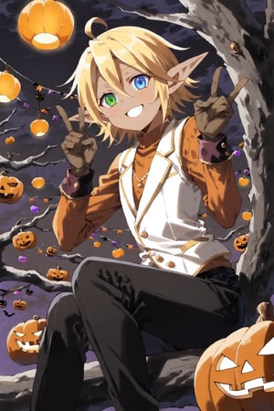 Aura Bella Fiora \(overlord\), 1 girl, solo, short hair, blonde hair, hair between eyes, blue eyes, green eyes, heterochromia, pointy ears, dark skin, elf, ahoge, 
orange shirt, long sleeves, brown gloves, jewelry, white vest, black pants, 
smile,, fingersmile, night, (Halloween theme:1.4), (Halloween decoration:1.4), 
death forest, upper body, Sitting on a tree branch. double Peace sign, (black wolfs around:1.4)
score_9,score_8_up,score_7_up,source_anime, from below, leaning forward, dutch angle, 