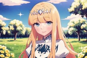 1girl, solo, looking at viewer, smile, ,, sitting, very long hair, closed mouth, , flower, , outdoors, sky, day,, cloud, , , , tree, blue sky, , nature, , yellow flower, Calca, Calca Bessarez, blonde hair, (extremely long hair:1.3), very long hair, white tiara, white dress, blue eyes, medium chest,1 girl,portrait,glitter,Chromaspots,lofi artstyle