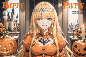 magazine, magazine cover, score_9, score_8_up, masterpiece, best quality, highres, BREAK, solo, smile, female focus, earrings,
(masterpiece), (best quality), 8k illustration, solo, in hall, palace, throne,  (Halloween party:1.4), (Halloween decoration:1.4), blonde hair,Calca,Calca Bessarez,1girl,(extremely long hair:1.3), black tiara, orange dress, light blue eyes,medium chest,blunt bangs
, (orange witch dress:1.4)