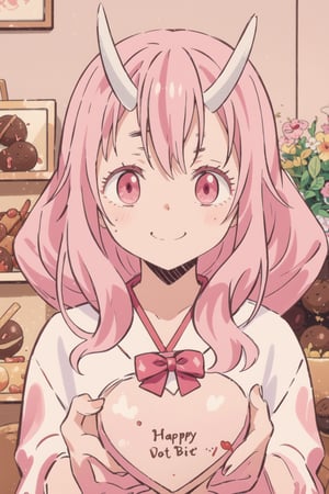 ((1 female,)), The girl  selling chocolate box set in an indoor chocolate shop with smile,  masterpiece, best quality, looking at viewer, vintage fantasy, watercolor, warm pastel colour tone, colourpencil style, close up, valentine's_day ,Shuna, pink hair, long hair, pink eyes, two white horns, oni horns, 