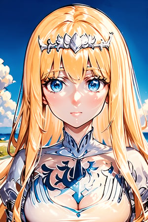 1girl, masterpiece, best quality, blue sky, looking at the viewer, soft smile, close view, solo, Calca, blonde hair, medium chest, extremely long hair, very long hair, extra long hair, white tiara, white dress, blue eyes, close up, upper body
