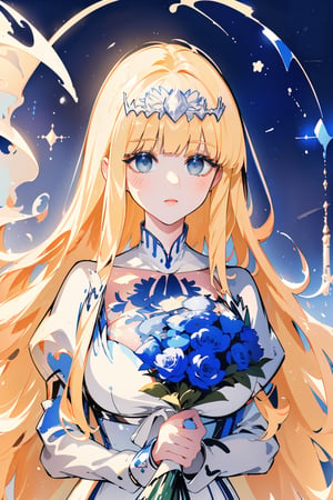 (masterpiece, best quality, highres:1.3), upper body, A delicate, ethereal flowing hair, holding a bouquet of glowing, blue flowers against a dark background. Soft, surround the figure, adding to the dreamy, mystical atmosphere.,Calca,  1girl, solo, Calca Bessarez, blonde hair, (extremely long hair:1.3), very long hair, white tiara, white dress, blue eyes, medium breast, extremely long hair