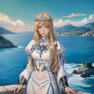 ((Hyper-realistic chest photo ((with anime style)) of a beautiful Mediterranean woman, ((with a brave facial expression)), (with a highly detailed Medieval RPG Mediterranean Sea Landscape design for the background)),, ((using RPG anime makeup of lipstick, eyeliner, eyeshadow and blush)))), ((Perfectly detailed and perfect symmetrical body and head)), ((Perfectly symmetrical and perfectly detailed face)), ((perfectly formed and symmetrically correct hands and fingers)), ((8K High Definition photo)), ((colored but not saturated, perfect contrast between lights and shadows)),  1girl, solo, Calca, Calca Bessarez, blonde hair, (extremely long hair:1.3), very long hair, white tiara, white dress, blue eyes,extremely long hair