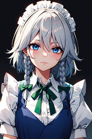 (8k, masterpiece, best quality, highres),,delicated eyes, delicated face,,focus,portrait, ,izayoi_sakuya_touhou, 1girl, solo ,Sakuya, , Sakuya Izayoi, blue maid outfit, white apron, white maid headband, silver hair, (two braided hair), short hair, blue eyes, blue eyes, (two green ribbons on her braided hair:, green bowtie,braid