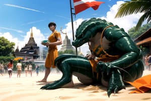 //Quality,
(masterpiece), (best quality), 8k illustration,
//Character,
1lizardman, solo, , , ,

 ,, zenberu, dark green skin, green eyes,Songkran Festival,

Songkran day, water splash, water festival, water gun, sand castle, water bucket, golden pagoda, golden temple, festival flags, effect of flowing water, colorful style, Thailand decoration, colorful swimming glasses,masterpiece