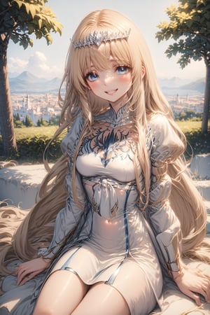 , looking at viewer, blush, smile, open mouth, sitting,  full body, , outdoors, arm support, , 1girl, solo, Calca, Calca Bessarez, blonde hair, (extremely long hair1.3), very long hair, white tiara, white dress, blue eyes, medium chest,extremely long hair