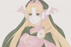 
simple background,
Female protagonist, Divine Chant, 4th Seat of the Black Scripture, blonde hair, green eye, pink dress, green hood, very long hair, 1girl, angelwing-shaped earmuffs, serious face, unfriendly face
