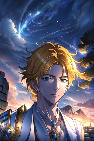 badass and slender boy. His eyes glow quite brightly.  Hyperdetailing masterpiece, hyperdetailing skin, masterpiece quality, with 9k resolution.  Masculine appearance, neat, well-groomed. detailed face. Ancient ruins in the background. heaven background, sky,Hyouka, 1male, blonde hair, brown eyes, one-sided braid, long hair, armor,