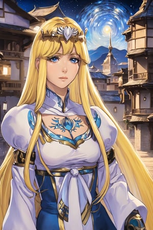  In ancient western town ,,thin cheeks starry,, 1girl, solo, Calca, Calca Bessarez, blonde hair, (extremely long hair:1.3), very long hair, white tiara, blue eyes, medium chest,