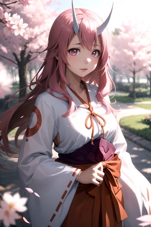 ,masterpiece,absurdres,best quality,miko,nontraditional miko,sakura tree,hair bow,scattered petals,bokeh,blurry foreground,1girl,shuna (tensura), red and white kimono, long hair, pink hair, pink eyes, white oni horns