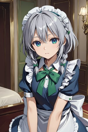 solo,upper body,Sakuya,Sakuya Izayoi,blue maid outfit,white apron,white maid headband,silver short hair,(twin braided hair:1.3),blue eyes,green ribbons on her braid,big green bowtie, 1girl, solo, in the luxurious room, sidelock