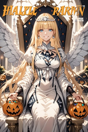 magazine, magazine cover, score_9, score_8_up, masterpiece, best quality, highres, BREAK, solo, smile, female focus, earrings,
(masterpiece), (best quality), 8k illustration, solo, in hall, palace, throne,  (Halloween party:1.4), (Halloween decoration:1.4), blonde hair,Calca,Calca Bessarez,1girl,(extremely long hair:1.3),white tiara,white dress,blue eyes,medium chest,blunt bangs,
1angel, (enormous white wings:1.3), (very big wings:1.2), upper wings, himecut