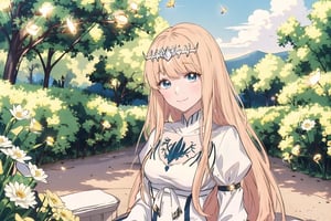 1girl, solo, looking at viewer, smile, ,, sitting, very long hair, closed mouth, , flower, , outdoors, sky, day,, cloud, , , , tree, blue sky, , nature, , yellow flower, Calca, Calca Bessarez, blonde hair, (extremely long hair:1.3), very long hair, white tiara, white dress, blue eyes, medium chest,1 girl,portrait,glitter,Chromaspots,lofi artstyle,firefliesfireflies,watercolor