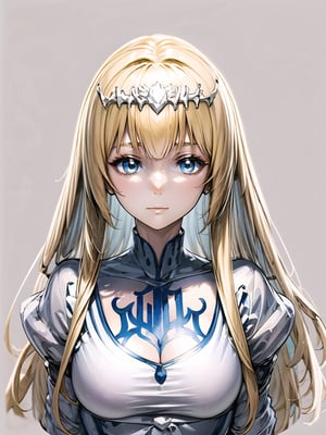//Quality,
masterpiece, best quality
,//Character,
1girl, solo
,//Fashion,
,//Others,
Calca, blonde hair, long hair, white tiara, white dress, blue eyes, character sheet, mono color background