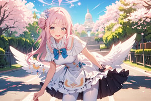 masterpiece, best quality, highres, aamika, halo, long hair, hair flower, angel wings, white wings, low wings, crescent, capelet, blue bow, frills, white dress, wrist scrunchie, white pantyhose, , leaning forward, standing, cherry blossoms, outdoors, smile, open mouth, 
Valentine wallpaper, Valentine background, red and pink theme, heart, chocolate, love