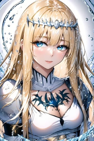 Beautiful girl. She is very badass. detailed image, detailed skin, upper body, looking at the viewer, water drop, ((masterpiece: 1.2)), light particles, ink droplets in the background, Anime style,  1girl, solo, Calca, Calca Bessarez, blonde hair, (extremely long hair:1.3), very long hair, white tiara, white dress, blue eyes,blunt bangs