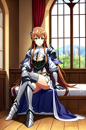 1girl,,sitting, crossed legs, sitting on the floor, medieval age bedroom, castle background at the window,Lightbringer,Neo Elma,orange hair,very long hair,green eyes,hair ornament,silver armor,female knight,gauntlet