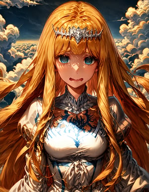 from above.dutch angle.close up.face focus.A female is flying. @_@, wavy mouth, above the clouds, background blurred,niji5, 1girl, solo, Calca, Calca Bessarez, blonde hair, (extremely long hair:1.3), very long hair, white tiara, white dress, blue eyes, medium chest, slim body