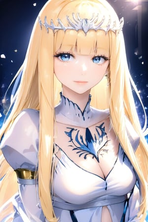  masterpiece quality, light particles, beautiful face, calm face, emo, looking at the viewer, upper body, Anime Style., highly detailed, 1girl, solo, Calca, Calca Bessarez, blonde hair, (extremely long hair:1.3), very long hair, white tiara, white dress, blue eyes,blunt bangs