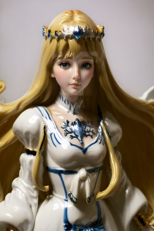 A beautifully crafted ceramic or porcelain figurine of an anime waifu, more detail XL, 1girl, solo, Calca, Calca Bessarez, blonde hair, (extremely long hair:1.3), very long hair, white tiara, white dress, blue eyes, extremely long hair,medium breast