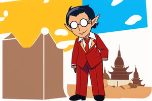 best quality,  masterpiece, 1boy,  male focus,  full body,  red suit,  red trouser,  red Necktie,  Silver Round Glasses,  short hair,  pointy ears,  black hair,  Diamond Eyes,  long metal tail,  black gloves,  demiurge,,incredibly absurdres,Songkran Festival,

Songkran day, red water splash, red water festival, water gun, sand castle, water bucket, golden pagoda, golden temple, festival flags, effect of flowing water, colorful style, Thailand decoration, colorful swimming glasses,water splash
