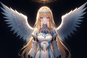 Generate hyper realistic image of a beautiful  celtic girl looking directly at the viewer.  ,light blue eyes, Sweet face and gaze, in a luxurious room,  (intricate details), highly detailed, vibrant, production film, ultra high quality photography style, Extremely Realistic,anime,  1angel, very large white wings, big pairs of wings from her shoulder,  solo, Calca, Calca Bessarez, blonde hair, extremely long hair, very long hair, white tiara, white dress, blue eyes, medium chest, face focus, close up, , crying_with_eyes_open, , sadness, , , giant white wings,AngelStyle