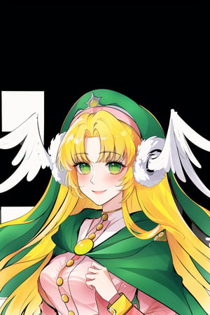 (masterpiece, best quality, highres:1.3) dreamlike, soft, pastel, vivid color, serenity, blush, smile, upperbody, looking_at_viewer, 1girl, solo, Divine Chant, 4th Seat of the Black Scripture, blonde hair, green eye, pink dress, green hood, very long hair, 1girl, angelwing-shaped earmuffs