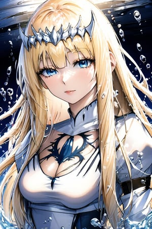 Beautiful girl. She is very badass. detailed image, detailed skin, upper body, looking at the viewer, water drop, ((masterpiece: 1.2)), light particles, ink droplets in the background, Anime style,  1girl, solo, Calca, Calca Bessarez, blonde hair, (extremely long hair:1.3), very long hair, white tiara, white dress, blue eyes,blunt bangs