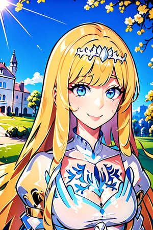 Pretty and charming girl. Hyperdetailing masterpiece, hyperdetailing skin, masterpiece quality, with 4k resolution. Charming smile., . Mansion in the background., 1girl, solo, Calca, Calca Bessarez, blonde hair, (extremely long hair:1.4), very long hair, white tiara, white dress, blue eyes, medium chest, close up, upper body