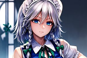 masterpiece, best quality
1girl, solo, mono color background,izayoi_sakuya_touhou, 1girl, solo, sakuya izayoi, silver hair, maid dress, white apron, very short skirt, sexy pose, sleeveless outfit, detailed face, detailed eyes, fresh blue eyes, big green ribbons, blue outfit, 