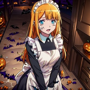 ((hounted house:1.4)), Tuareninya Veyron, (in Halloween kitchen:1.4) (masterpiece), (best quality), Halloween kitchen equipment, 8k illustration, 1girl, solo, blue eyes, long hair, blonde hair, ((orange maid dress)), Halloween outfit, indoors, , (Halloween party:1.4), (Halloween decoration:1.4), gray skin, Frankenstein inspired